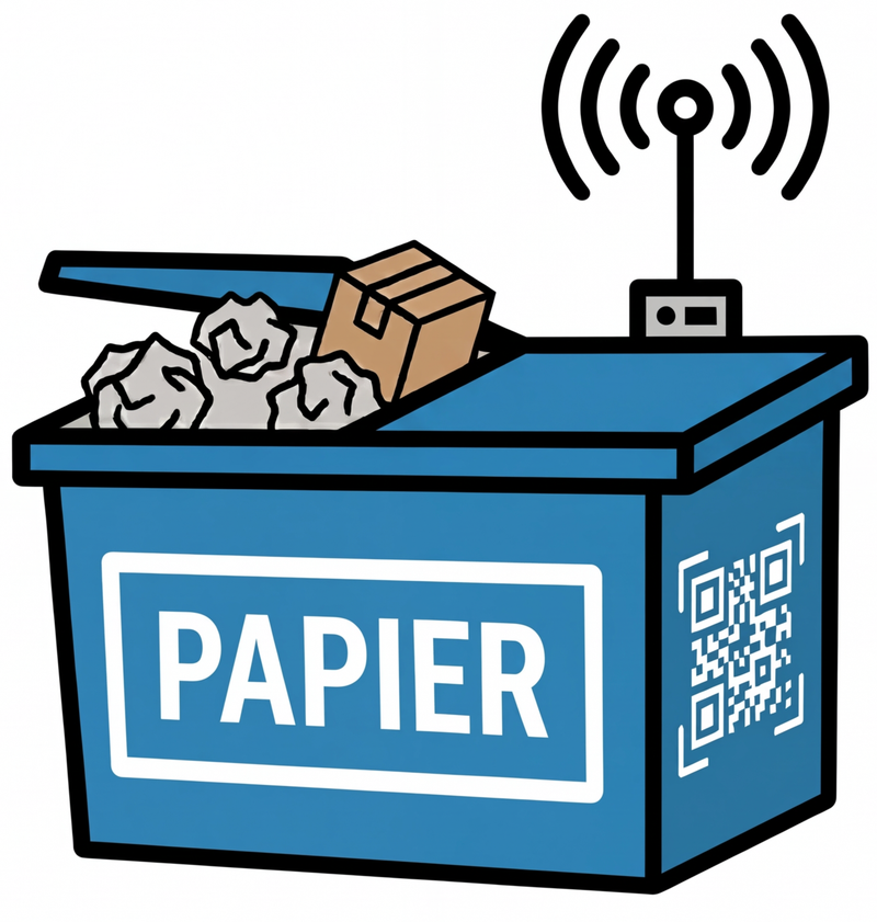 Projektlogo Smarte Container: ein blauer Papiercontainer mit Funkantenne und QR-Code